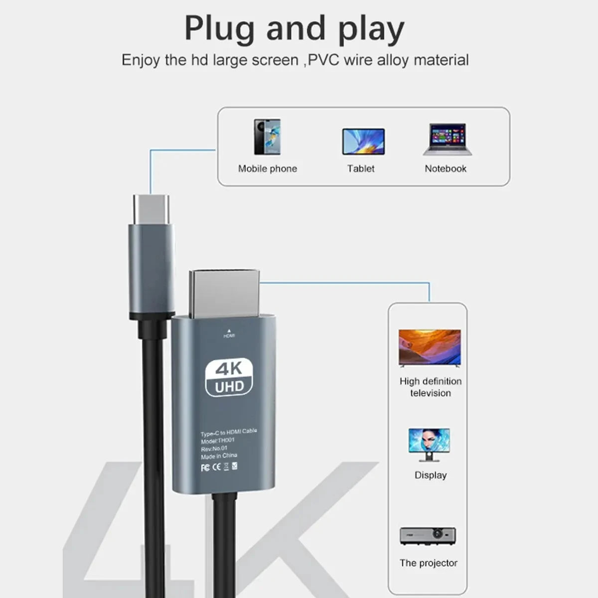 4K 60Hz HD Video Conversion Cable Type C To HDMI